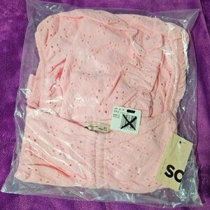 Plus Size Eyelet Crop Top Puff Sleeve Cinched Front Cute Comfy PINK 3X NWT